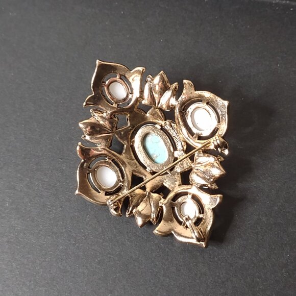 Pretty Blue And Gold Tone Diamond Shaped Sarah Coventry Large Brooch - Picture 9 of 13